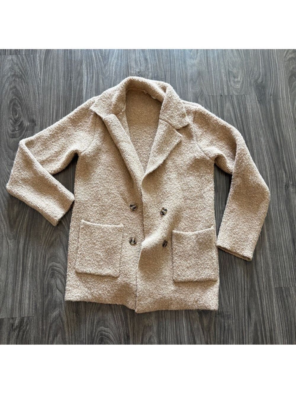 Stitch and Feather Womens Cozy Cream Tan Teddy Jacket Double Breasted